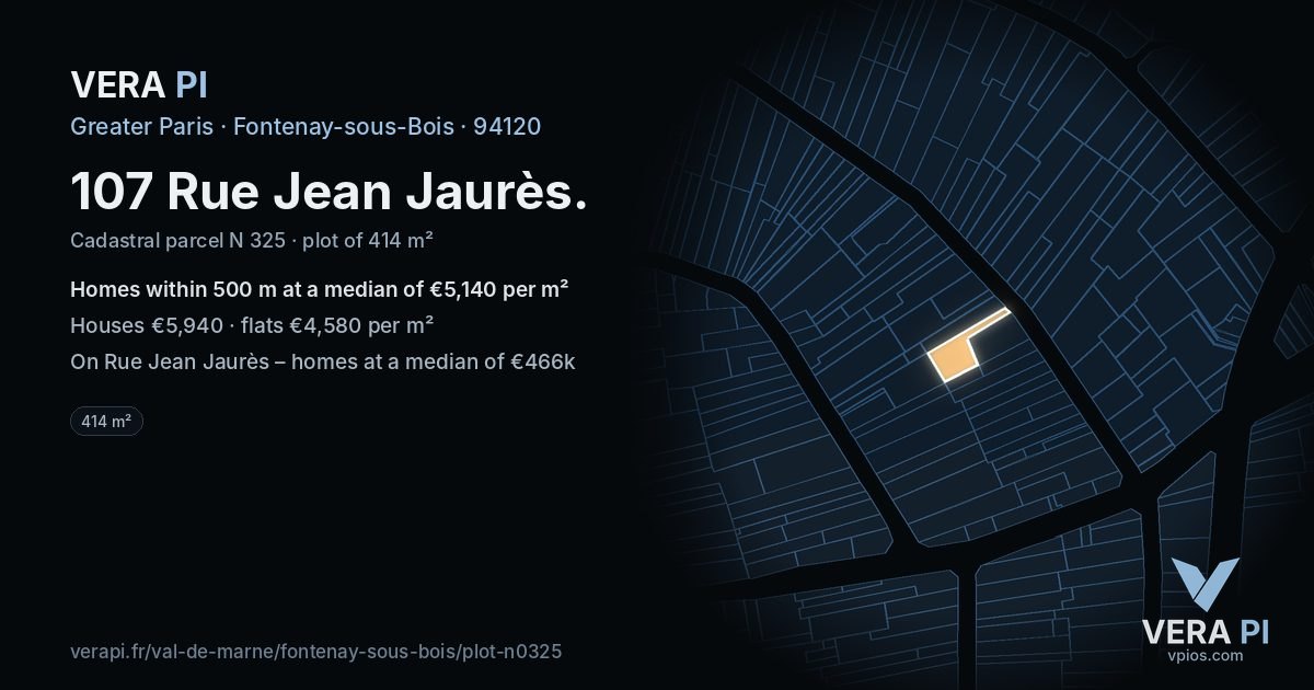 107 Rue Jean Jaurès, Fontenay-sous-Bois at night – the plot lit, the parcels around coloured by the prices near them