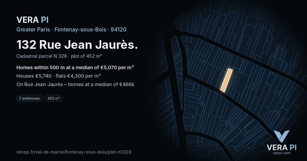 132 Rue Jean Jaurès, Fontenay-sous-Bois at night – the plot lit, the parcels around coloured by the prices near them