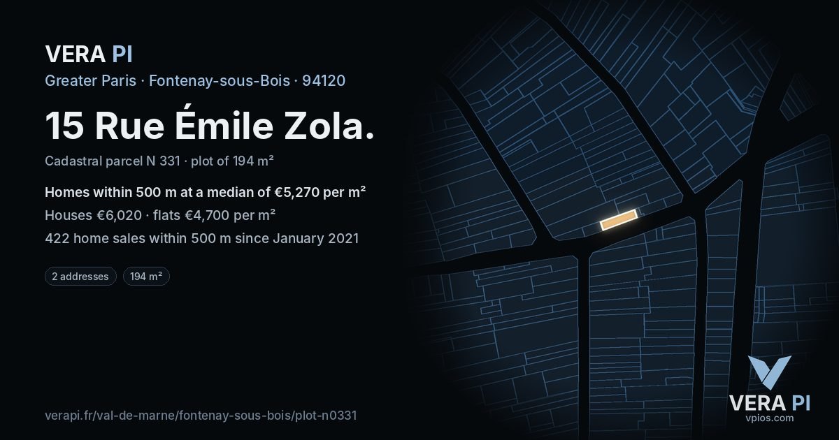 15 Rue Émile Zola, Fontenay-sous-Bois at night – the plot lit, the parcels around coloured by the prices near them