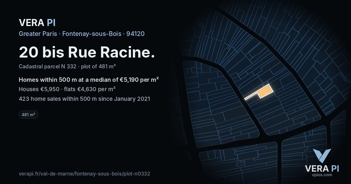 20 bis Rue Racine, Fontenay-sous-Bois at night – the plot lit, the parcels around coloured by the prices near them