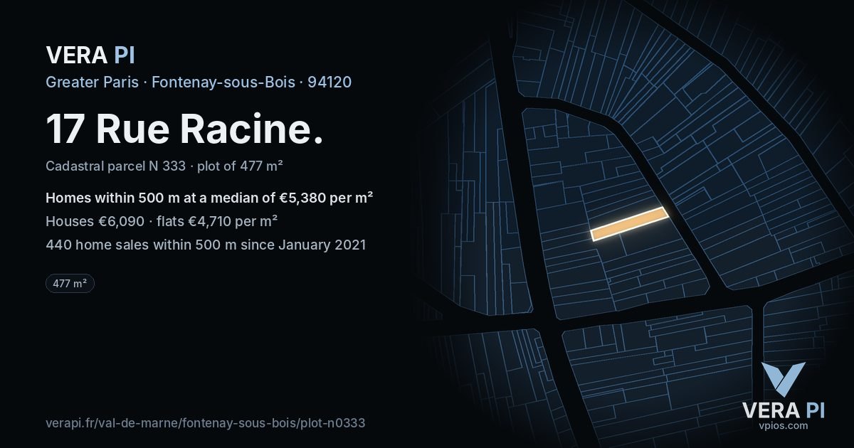 17 Rue Racine, Fontenay-sous-Bois at night – the plot lit, the parcels around coloured by the prices near them