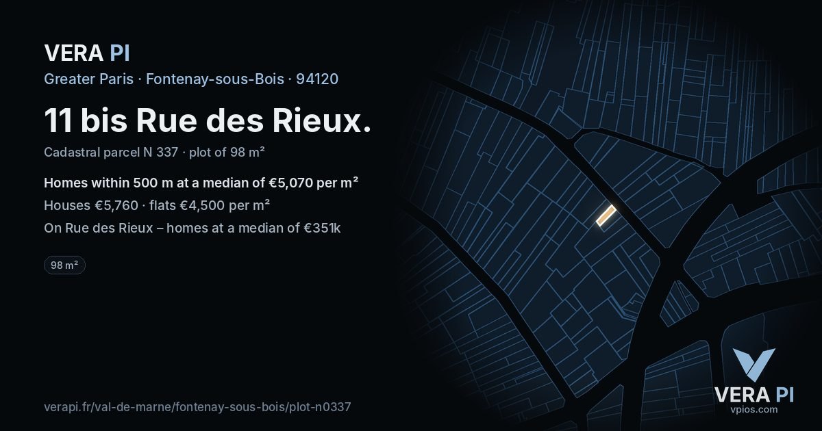 11 bis Rue des Rieux, Fontenay-sous-Bois at night – the plot lit, the parcels around coloured by the prices near them
