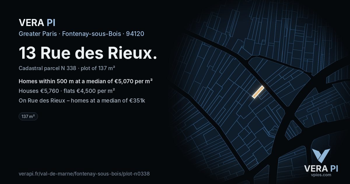 13 Rue des Rieux, Fontenay-sous-Bois at night – the plot lit, the parcels around coloured by the prices near them