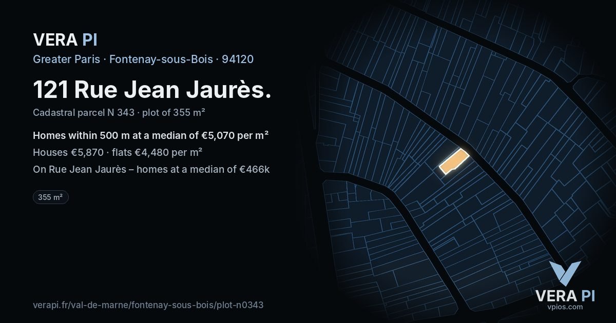 121 Rue Jean Jaurès, Fontenay-sous-Bois at night – the plot lit, the parcels around coloured by the prices near them