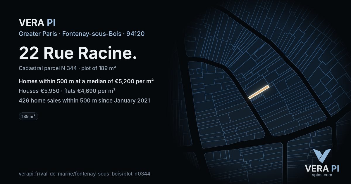 22 Rue Racine, Fontenay-sous-Bois at night – the plot lit, the parcels around coloured by the prices near them