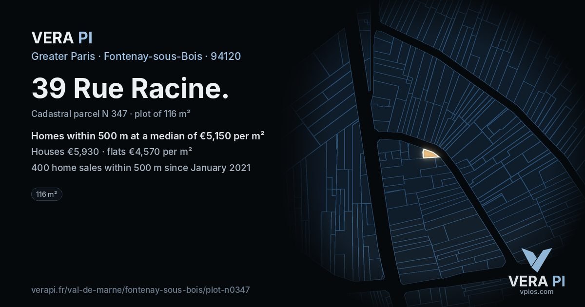 39 Rue Racine, Fontenay-sous-Bois at night – the plot lit, the parcels around coloured by the prices near them