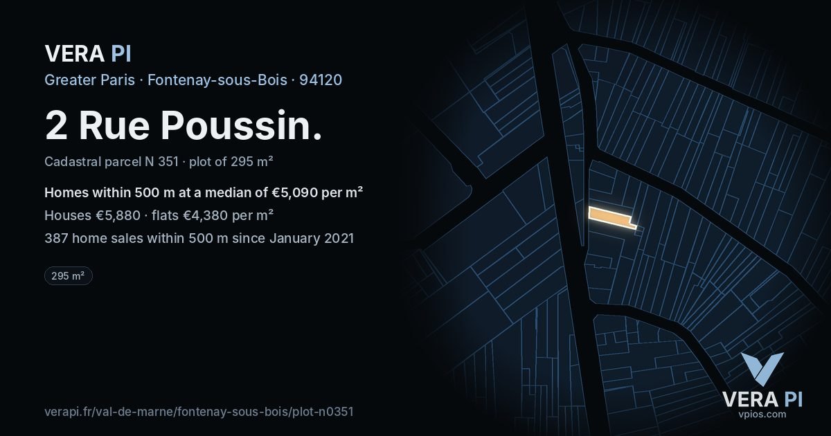 2 Rue Poussin, Fontenay-sous-Bois at night – the plot lit, the parcels around coloured by the prices near them