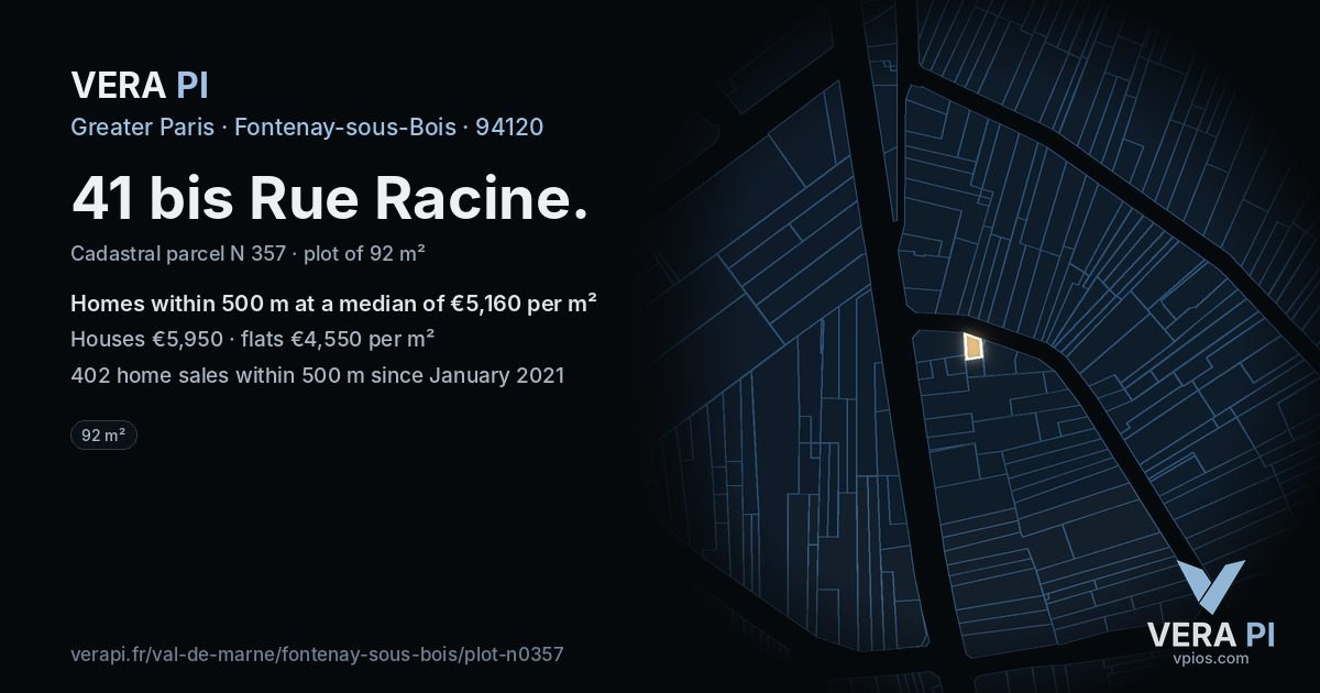 41 bis Rue Racine, Fontenay-sous-Bois at night – the plot lit, the parcels around coloured by the prices near them