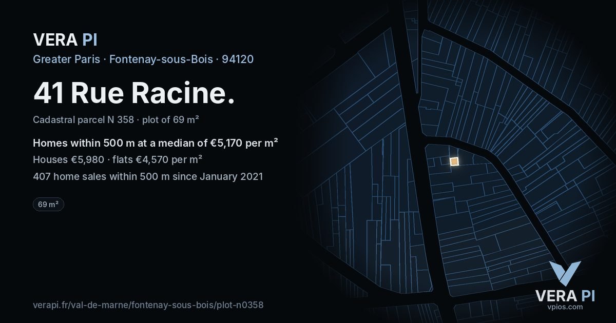 41 Rue Racine, Fontenay-sous-Bois at night – the plot lit, the parcels around coloured by the prices near them