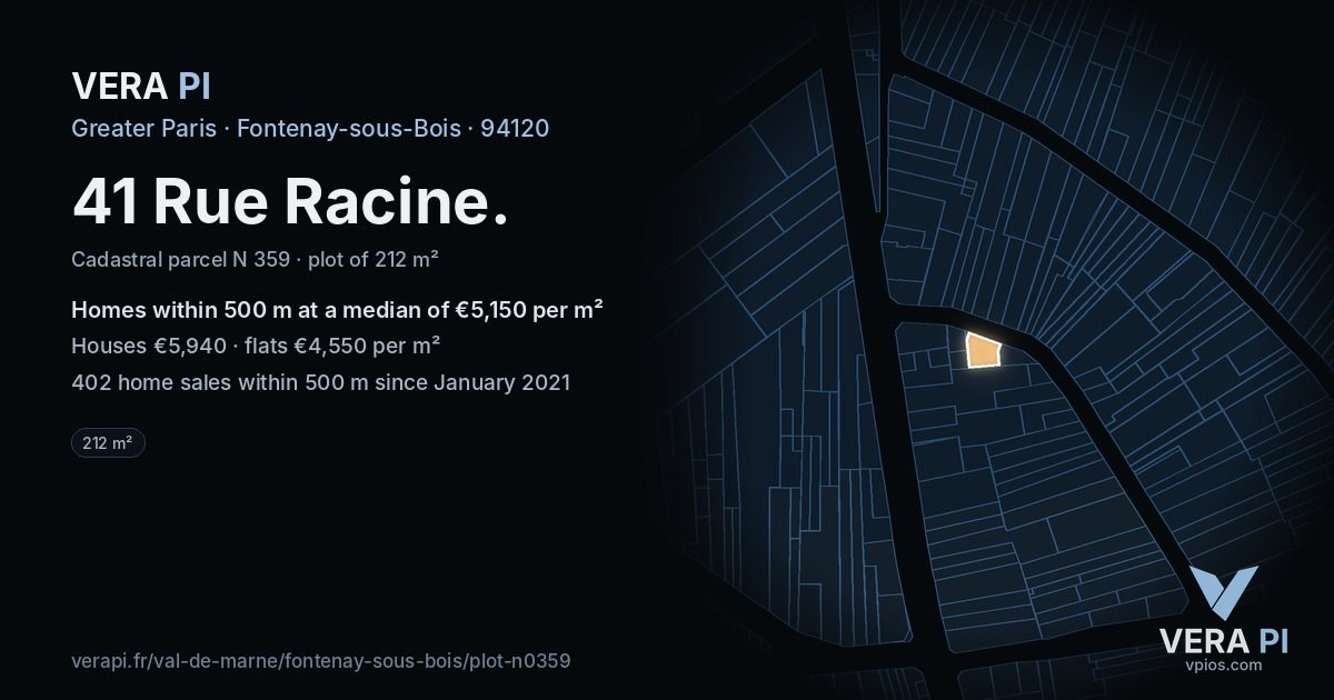 41 Rue Racine, Fontenay-sous-Bois at night – the plot lit, the parcels around coloured by the prices near them