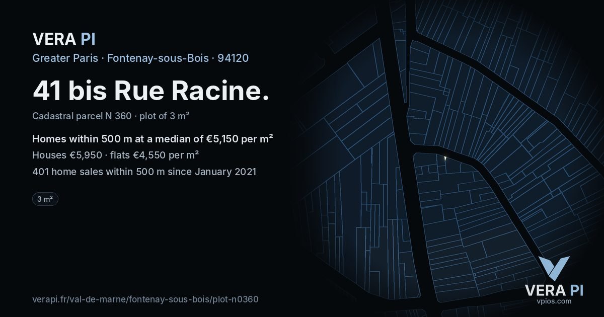 41 bis Rue Racine, Fontenay-sous-Bois at night – the plot lit, the parcels around coloured by the prices near them