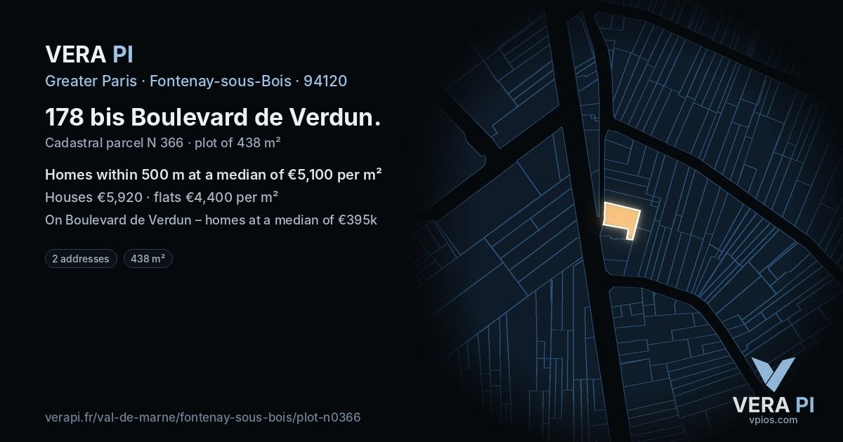 178 bis Boulevard de Verdun, Fontenay-sous-Bois at night – the plot lit, the parcels around coloured by the prices near them