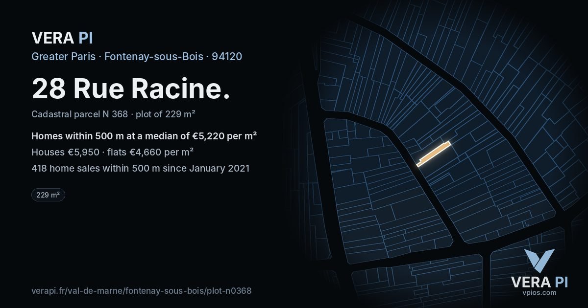 28 Rue Racine, Fontenay-sous-Bois at night – the plot lit, the parcels around coloured by the prices near them