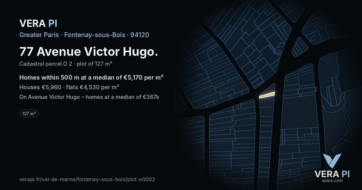 77 Avenue Victor Hugo, Fontenay-sous-Bois at night – the plot lit, the parcels around coloured by the prices near them