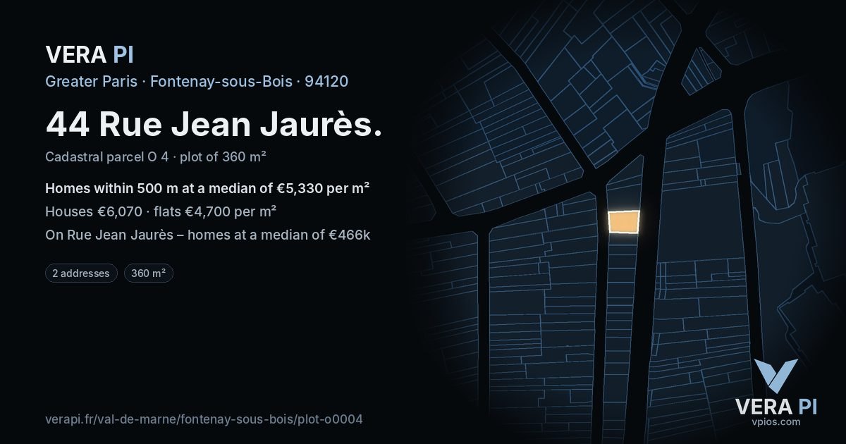 44 Rue Jean Jaurès, Fontenay-sous-Bois at night – the plot lit, the parcels around coloured by the prices near them