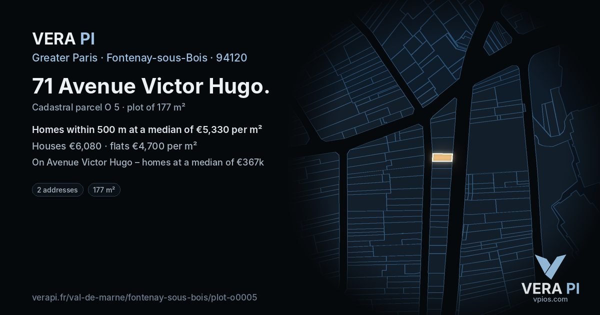 71 Avenue Victor Hugo, Fontenay-sous-Bois at night – the plot lit, the parcels around coloured by the prices near them