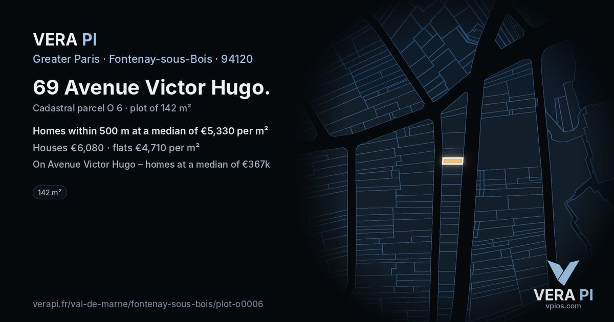 69 Avenue Victor Hugo, Fontenay-sous-Bois at night – the plot lit, the parcels around coloured by the prices near them