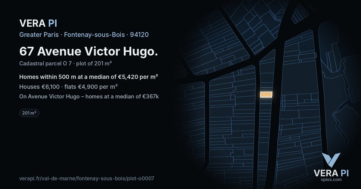 67 Avenue Victor Hugo, Fontenay-sous-Bois at night – the plot lit, the parcels around coloured by the prices near them