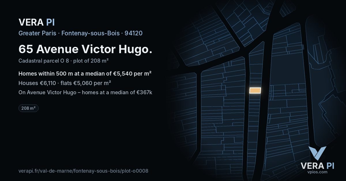 65 Avenue Victor Hugo, Fontenay-sous-Bois at night – the plot lit, the parcels around coloured by the prices near them