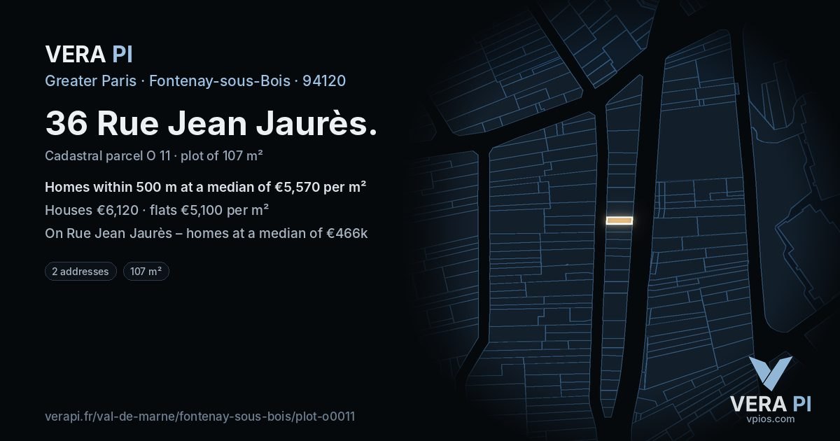 36 Rue Jean Jaurès, Fontenay-sous-Bois at night – the plot lit, the parcels around coloured by the prices near them