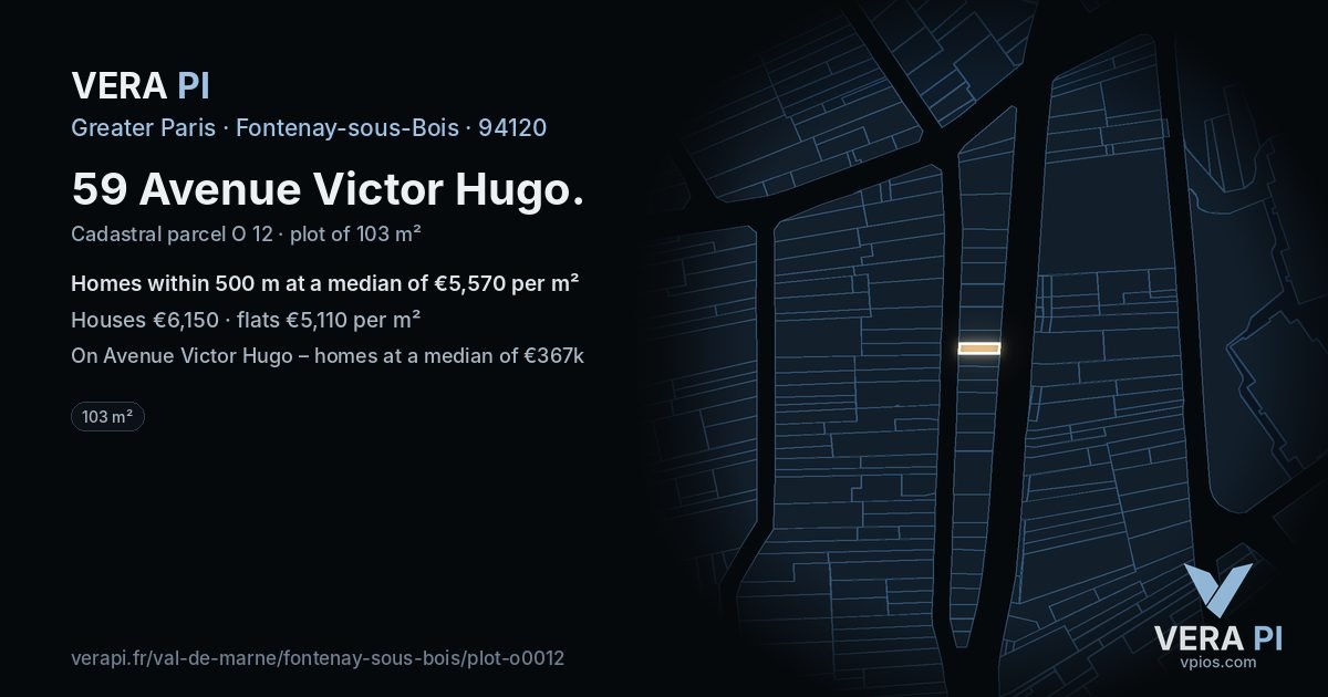 59 Avenue Victor Hugo, Fontenay-sous-Bois at night – the plot lit, the parcels around coloured by the prices near them