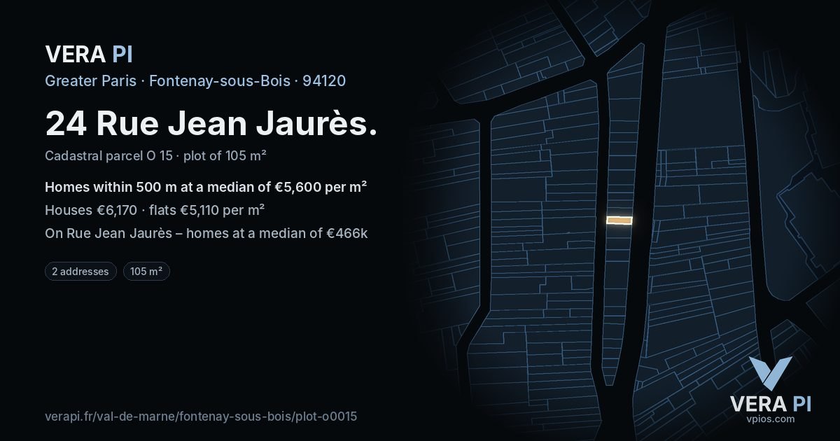24 Rue Jean Jaurès, Fontenay-sous-Bois at night – the plot lit, the parcels around coloured by the prices near them