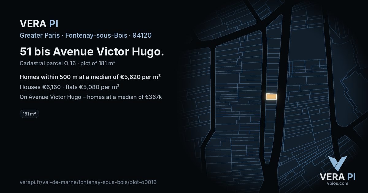 51 bis Avenue Victor Hugo, Fontenay-sous-Bois at night – the plot lit, the parcels around coloured by the prices near them