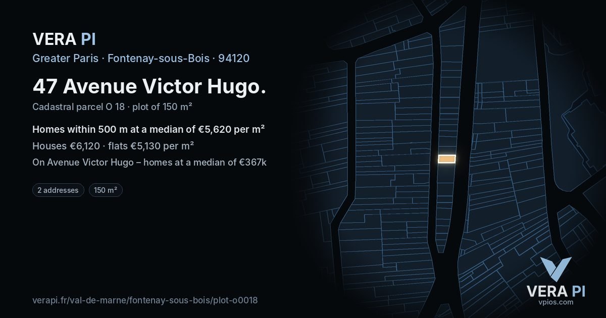 47 Avenue Victor Hugo, Fontenay-sous-Bois at night – the plot lit, the parcels around coloured by the prices near them