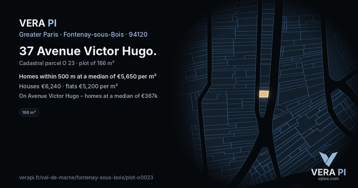37 Avenue Victor Hugo, Fontenay-sous-Bois at night – the plot lit, the parcels around coloured by the prices near them