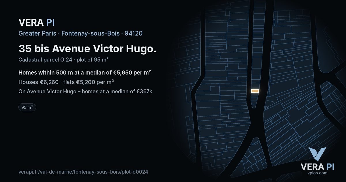 35 bis Avenue Victor Hugo, Fontenay-sous-Bois at night – the plot lit, the parcels around coloured by the prices near them