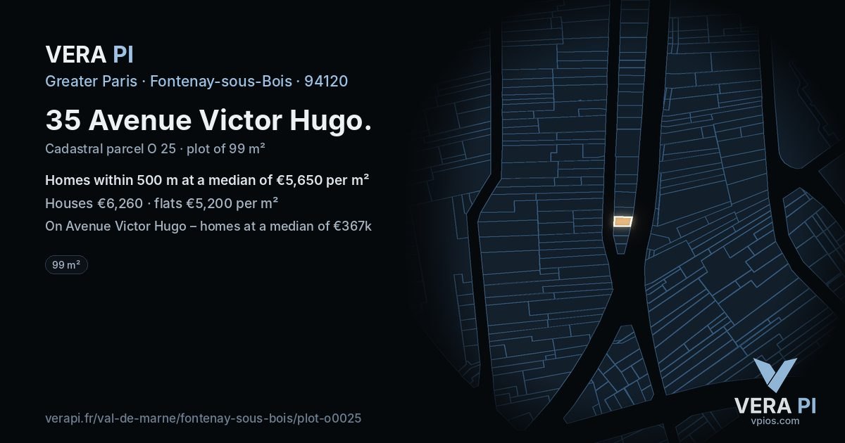 35 Avenue Victor Hugo, Fontenay-sous-Bois at night – the plot lit, the parcels around coloured by the prices near them