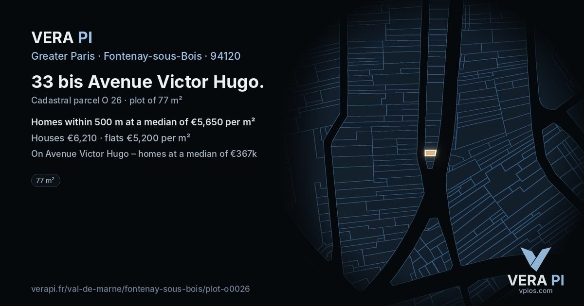 33 bis Avenue Victor Hugo, Fontenay-sous-Bois at night – the plot lit, the parcels around coloured by the prices near them