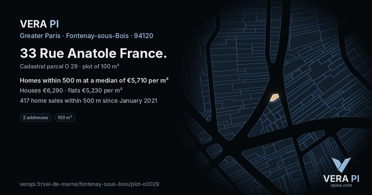 33 Rue Anatole France, Fontenay-sous-Bois at night – the plot lit, the parcels around coloured by the prices near them