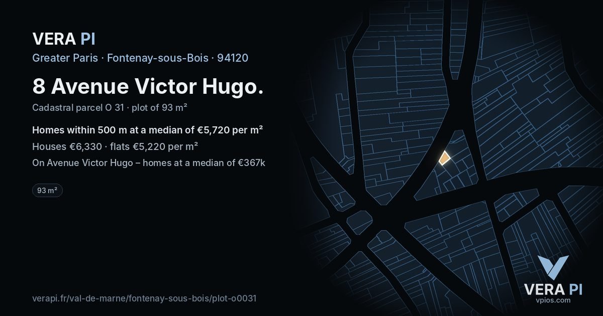8 Avenue Victor Hugo, Fontenay-sous-Bois at night – the plot lit, the parcels around coloured by the prices near them