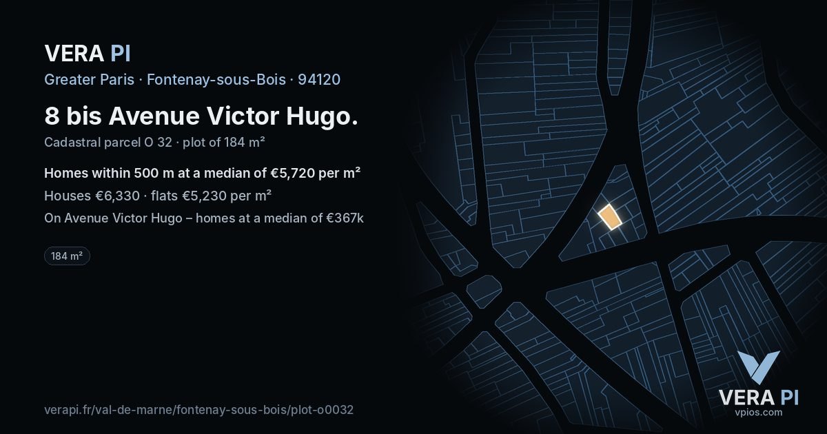 8 bis Avenue Victor Hugo, Fontenay-sous-Bois at night – the plot lit, the parcels around coloured by the prices near them