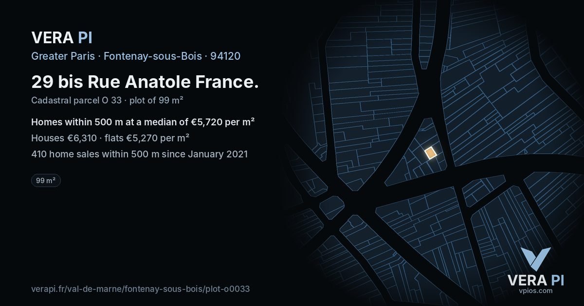 29 bis Rue Anatole France, Fontenay-sous-Bois at night – the plot lit, the parcels around coloured by the prices near them
