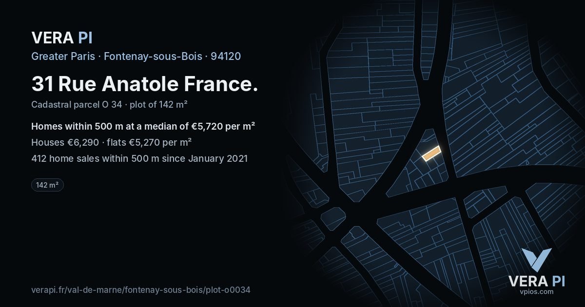 31 Rue Anatole France, Fontenay-sous-Bois at night – the plot lit, the parcels around coloured by the prices near them