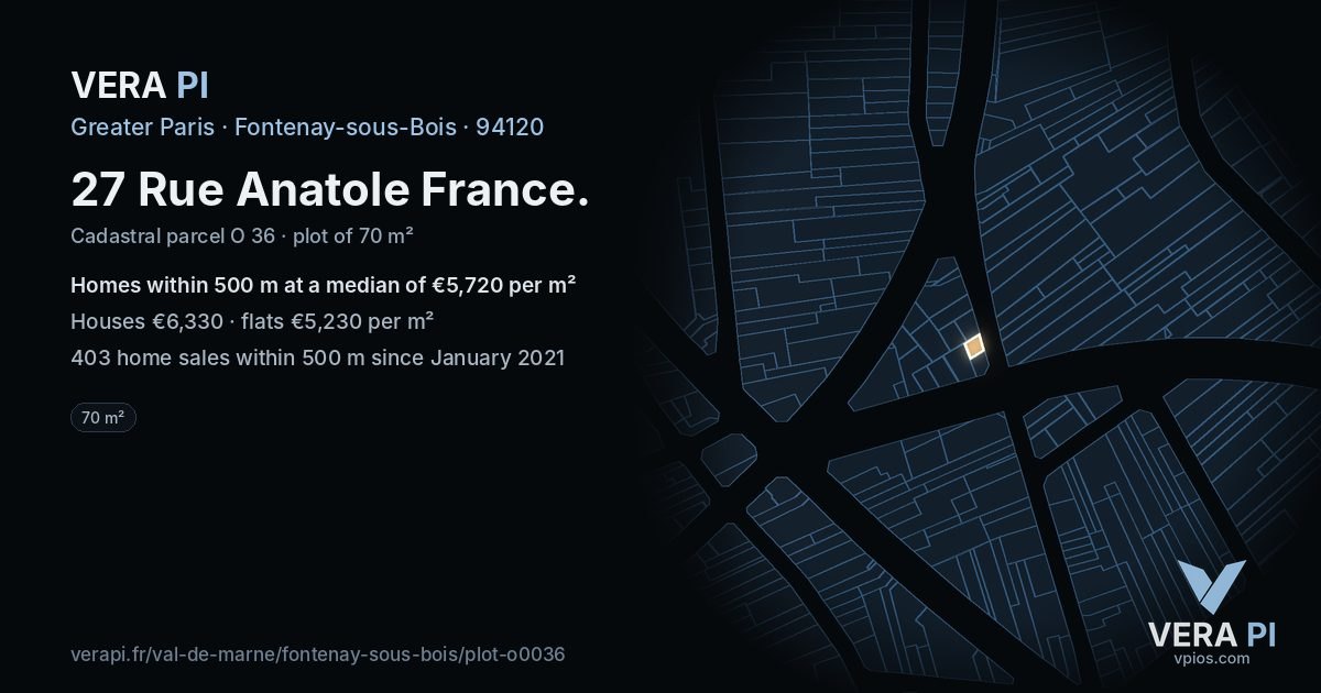 27 Rue Anatole France, Fontenay-sous-Bois at night – the plot lit, the parcels around coloured by the prices near them