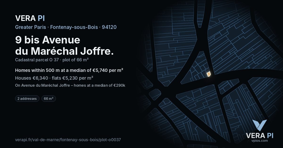 9 bis Avenue du Maréchal Joffre, Fontenay-sous-Bois at night – the plot lit, the parcels around coloured by the prices near them