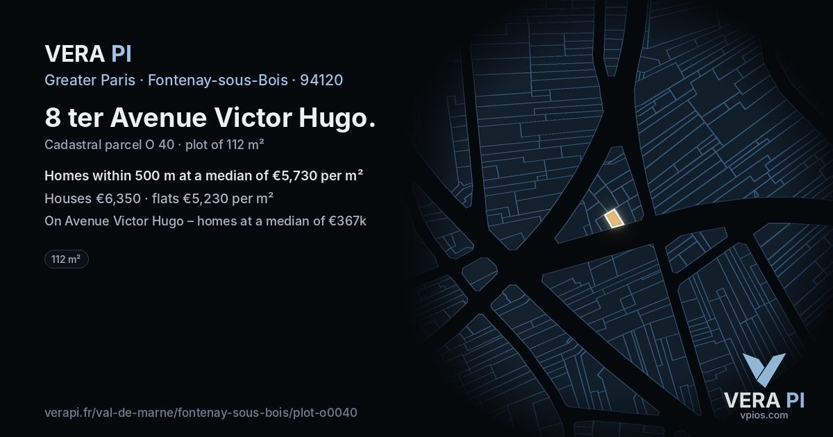 8 ter Avenue Victor Hugo, Fontenay-sous-Bois at night – the plot lit, the parcels around coloured by the prices near them