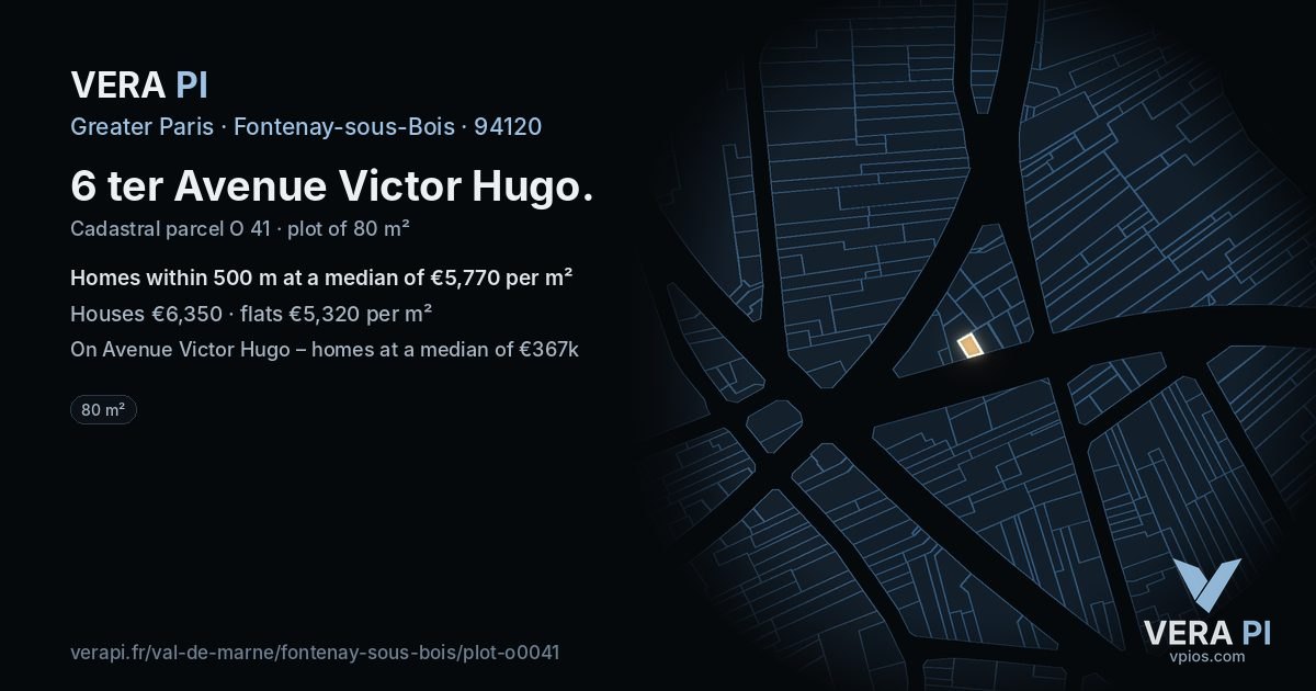 6 ter Avenue Victor Hugo, Fontenay-sous-Bois at night – the plot lit, the parcels around coloured by the prices near them