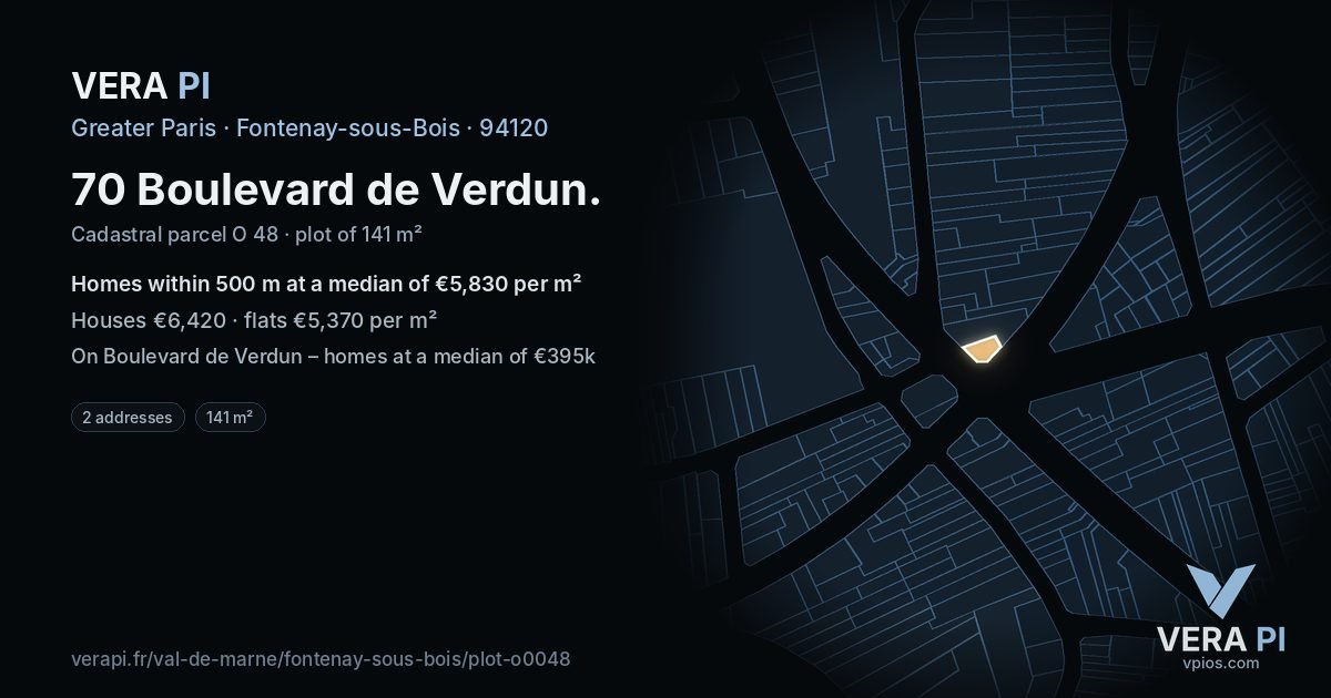 70 Boulevard de Verdun, Fontenay-sous-Bois at night – the plot lit, the parcels around coloured by the prices near them