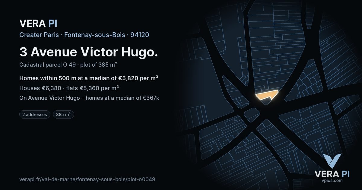 3 Avenue Victor Hugo, Fontenay-sous-Bois at night – the plot lit, the parcels around coloured by the prices near them