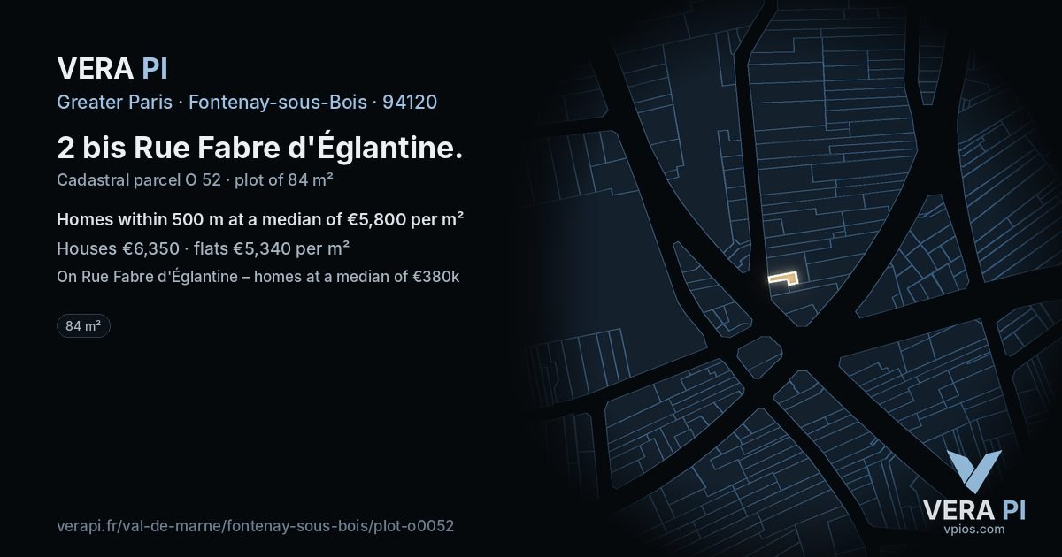 2 bis Rue Fabre d'Églantine, Fontenay-sous-Bois at night – the plot lit, the parcels around coloured by the prices near them