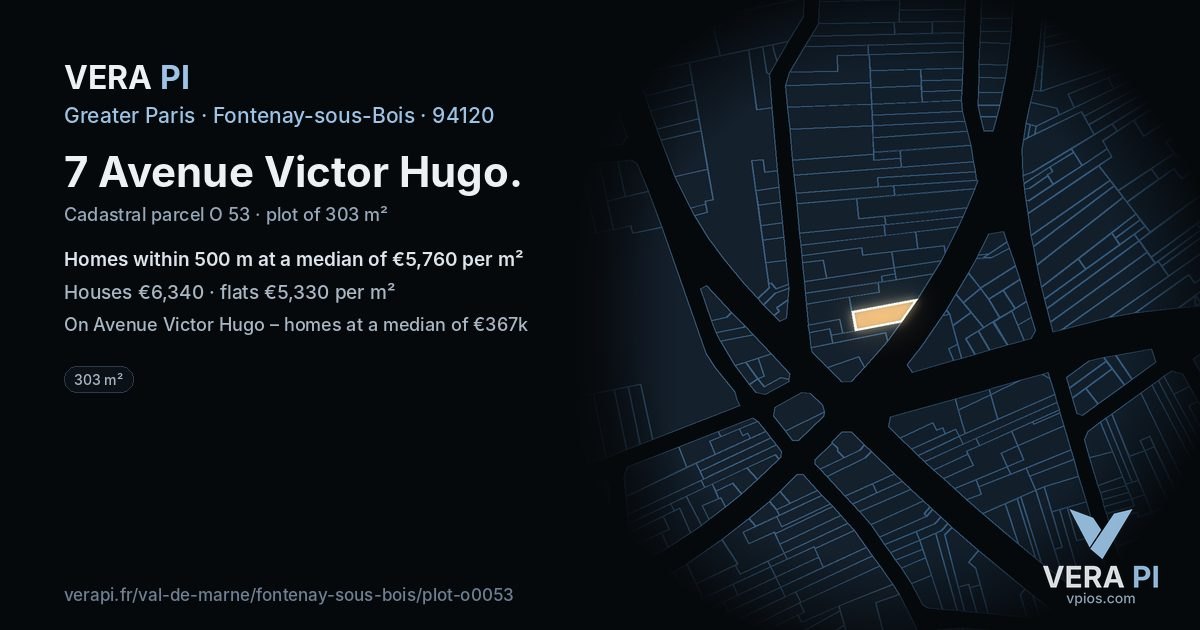7 Avenue Victor Hugo, Fontenay-sous-Bois at night – the plot lit, the parcels around coloured by the prices near them