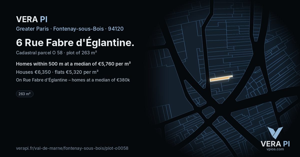 6 Rue Fabre d'Églantine, Fontenay-sous-Bois at night – the plot lit, the parcels around coloured by the prices near them