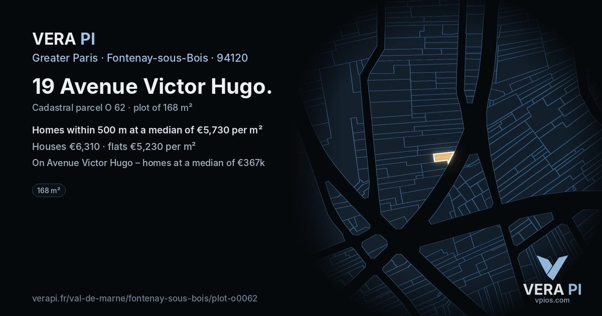 19 Avenue Victor Hugo, Fontenay-sous-Bois at night – the plot lit, the parcels around coloured by the prices near them