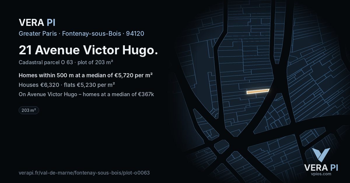 21 Avenue Victor Hugo, Fontenay-sous-Bois at night – the plot lit, the parcels around coloured by the prices near them