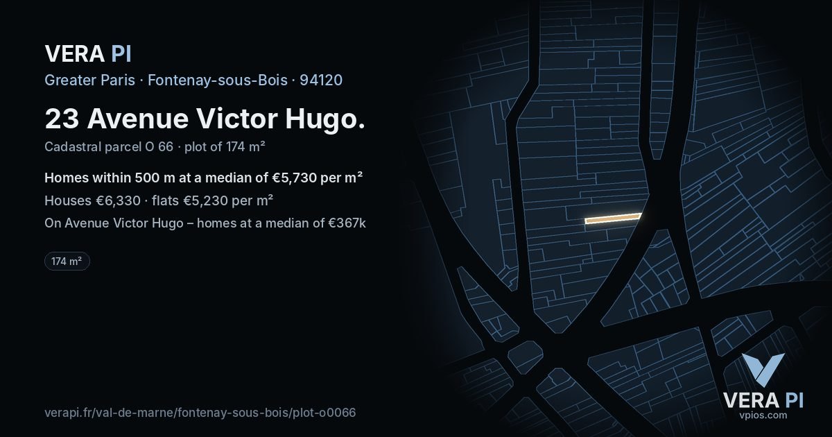 23 Avenue Victor Hugo, Fontenay-sous-Bois at night – the plot lit, the parcels around coloured by the prices near them