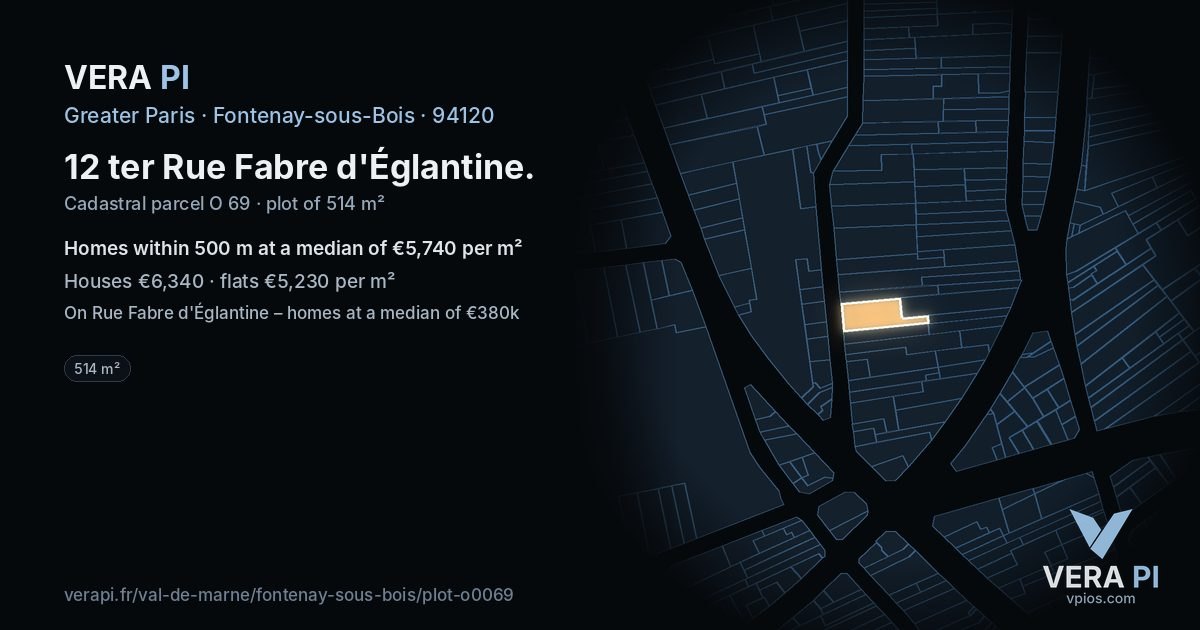 12 ter Rue Fabre d'Églantine, Fontenay-sous-Bois at night – the plot lit, the parcels around coloured by the prices near them